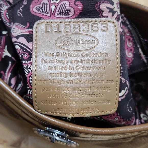 Brighton Pebbled Leather Crocodile Embossed Shoulder Handbag Purse Brown Camel - Picture 14 of 17